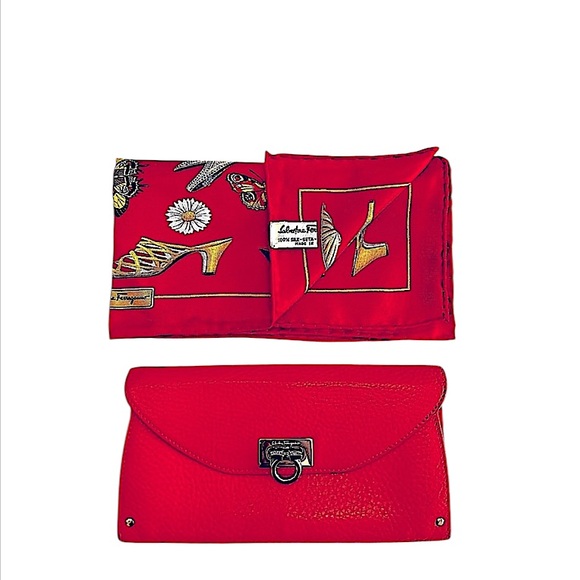 Salvatore Ferragamo Handbags - SALVATORE FERRAGAMO CALF LEATHER LONG WALLET AND SILK SCARF BUNDLE